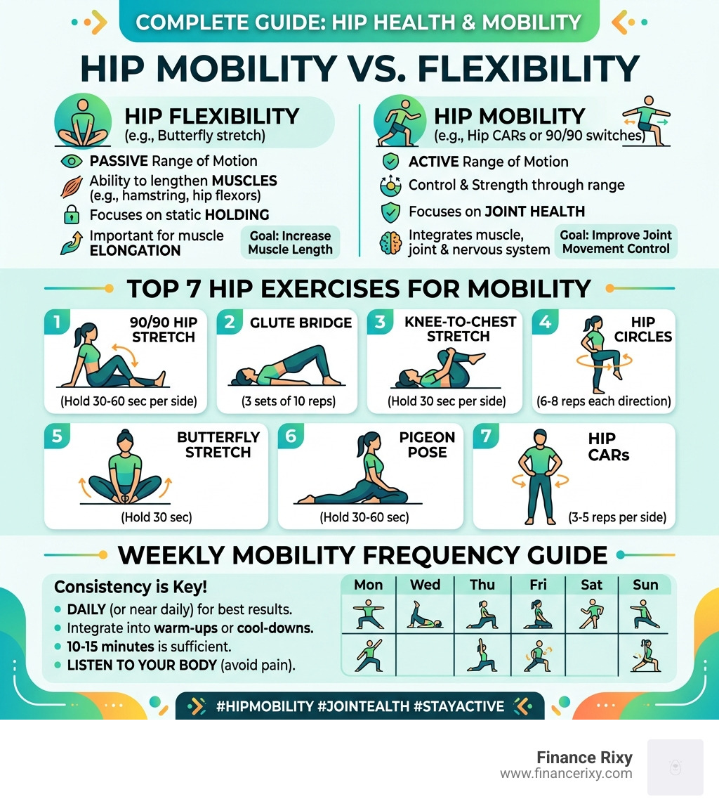 Infographic: Hip mobility vs flexibility, top 7 exercises, and weekly frequency guide - mobility exercises for hips