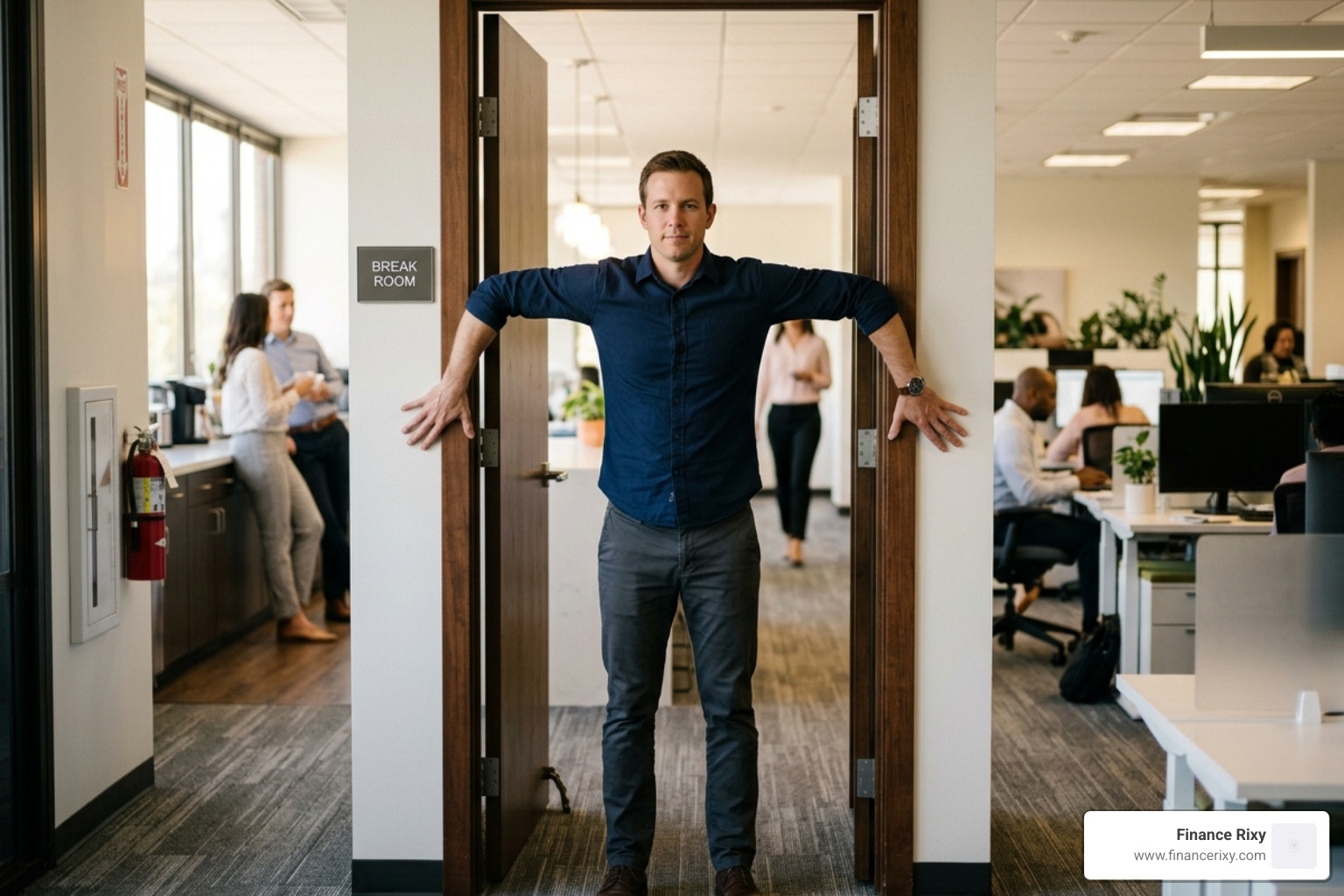 an office worker performing a doorway chest stretch during a break - fix slouching at work