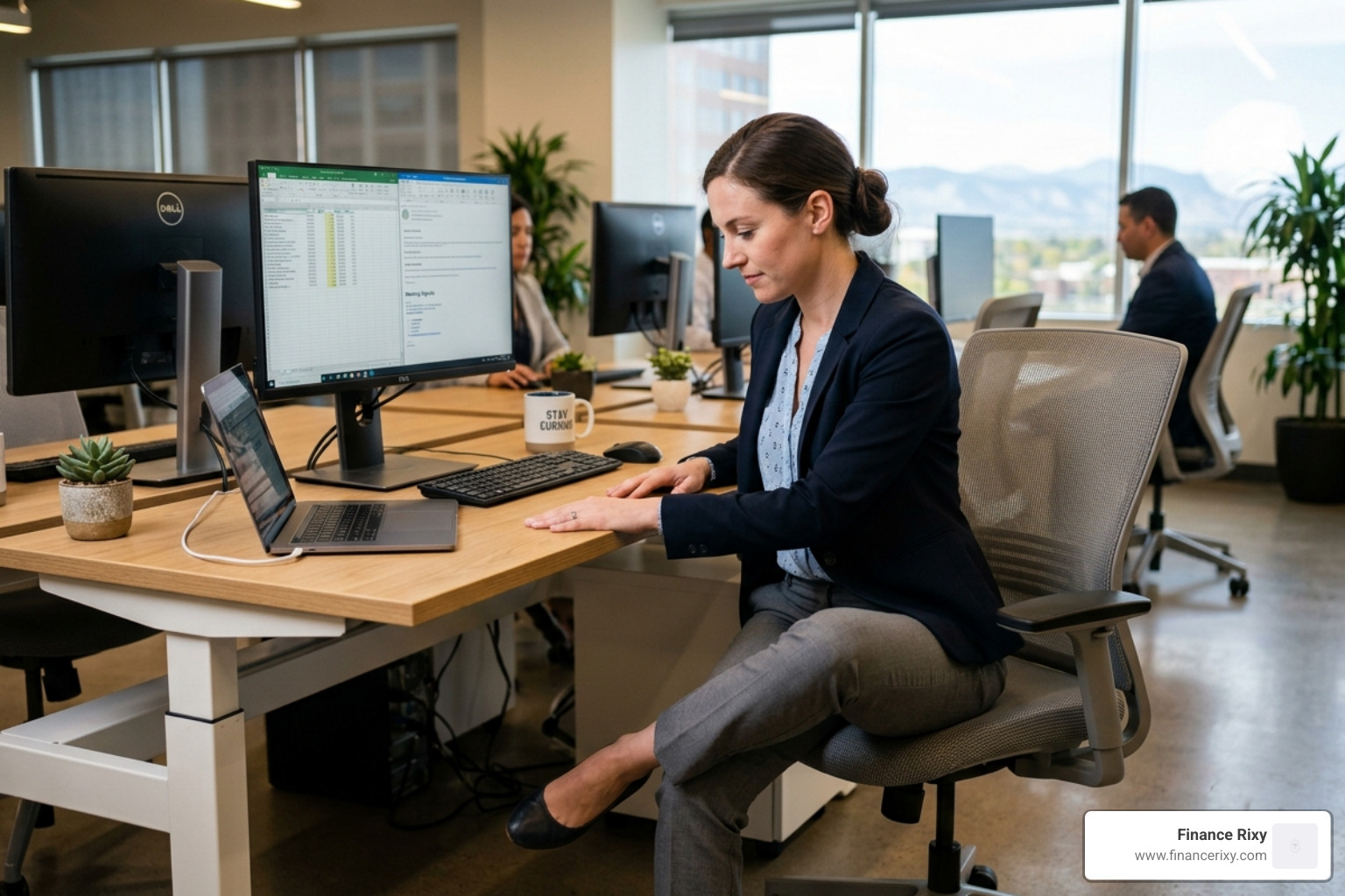 person doing a seated pigeon stretch at their desk - best stretches for sitting at desk