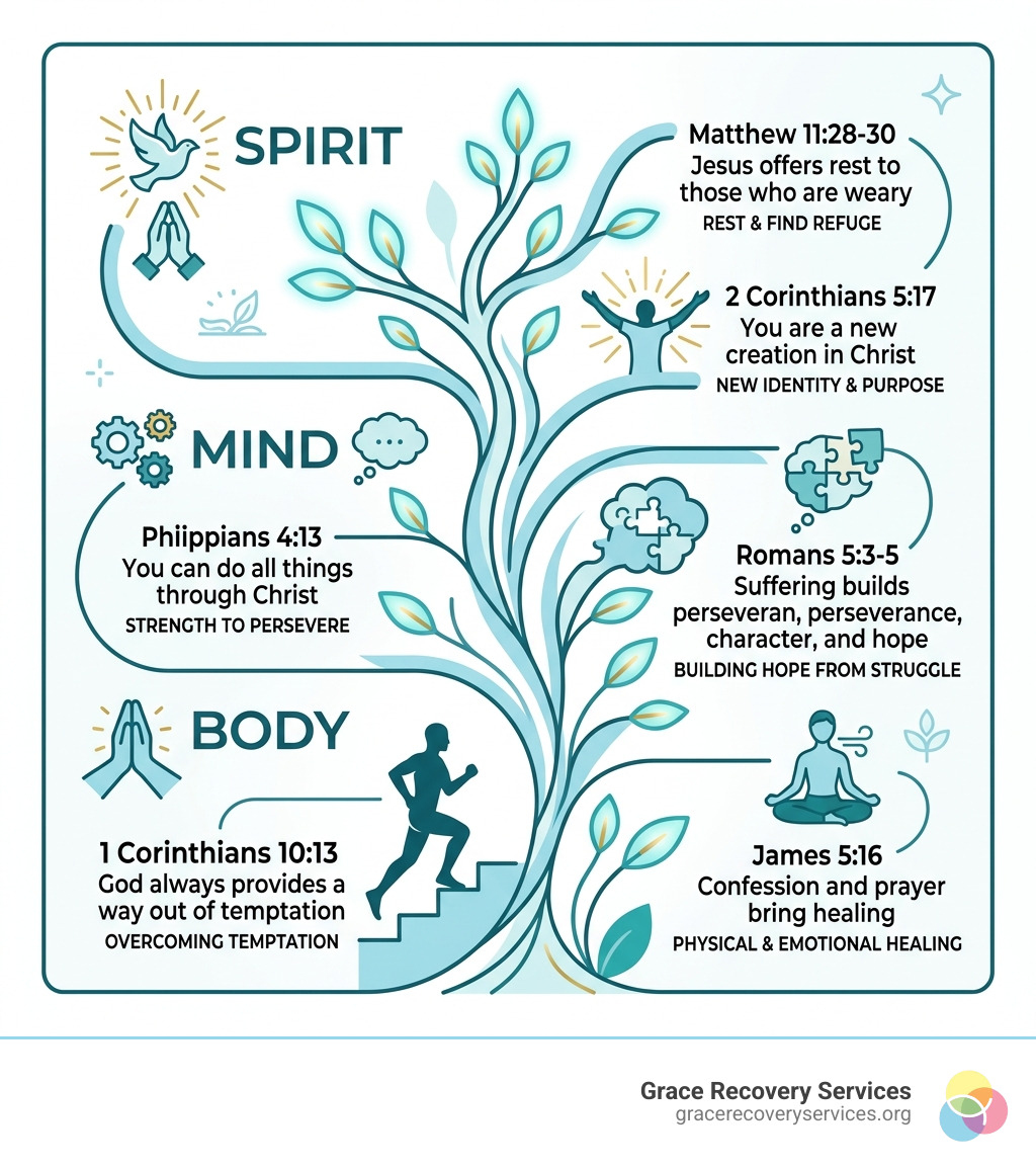 Infographic showing the holistic mind-body-spirit approach to recovery with key scriptures for each dimension - scriptures Infographic showing the holistic mind-body-spirit approach to recovery with key scriptures for each dimension - scriptures