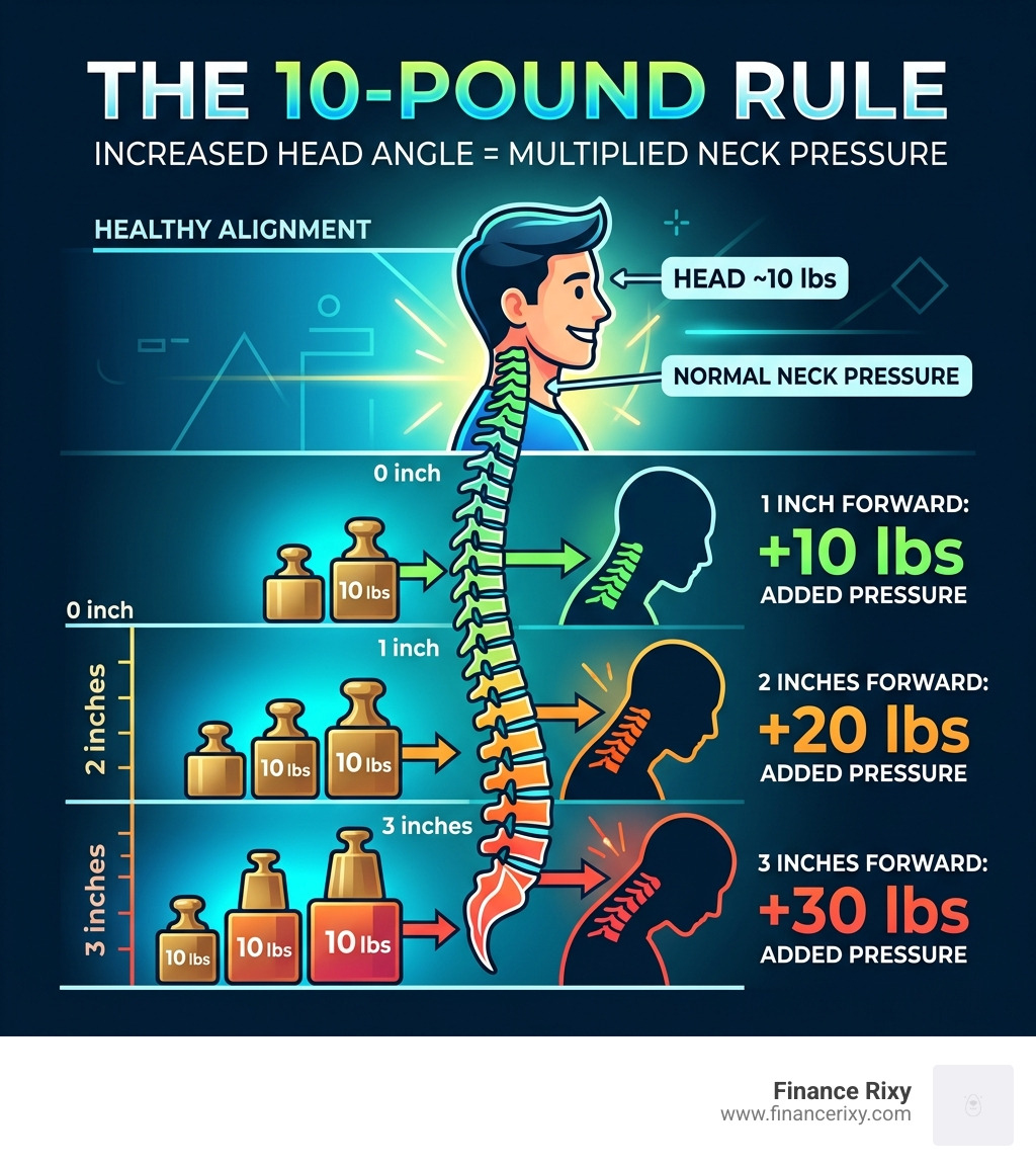 Infographic showing the 10-pound rule: for every inch the head moves forward, pressure increases - anti hunchback office