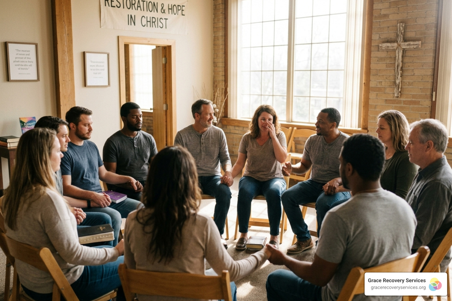 Supportive group circle in a bright room representing Christian fellowship - Bible study rehab program