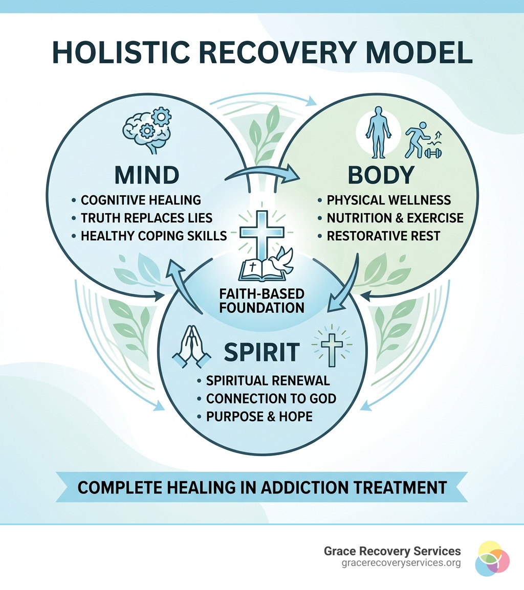 Holistic recovery model infographic showing mind body and spirit healing in faith-based addiction treatment - Bible study