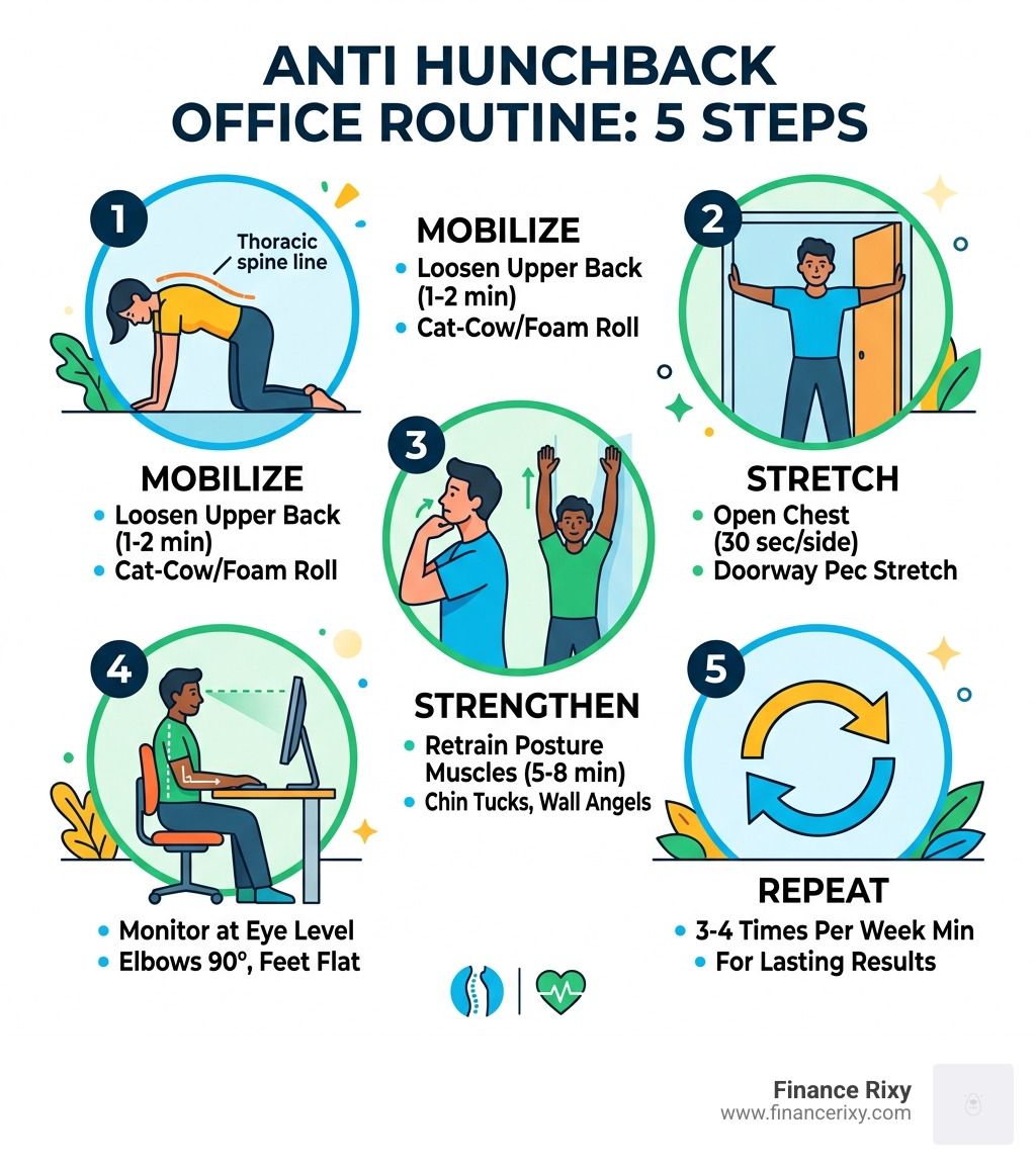 Anti hunchback office routine: 5 steps from mobilize to repeat with posture tips - anti hunchback office routine infographic 