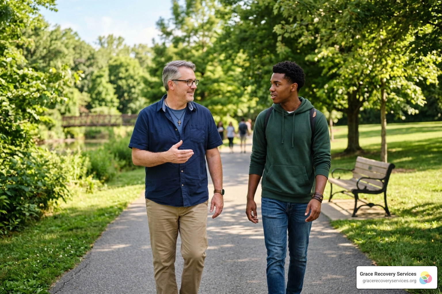 Mentor and client walking together in a park representing Christian mentorship - Bible study rehab program
