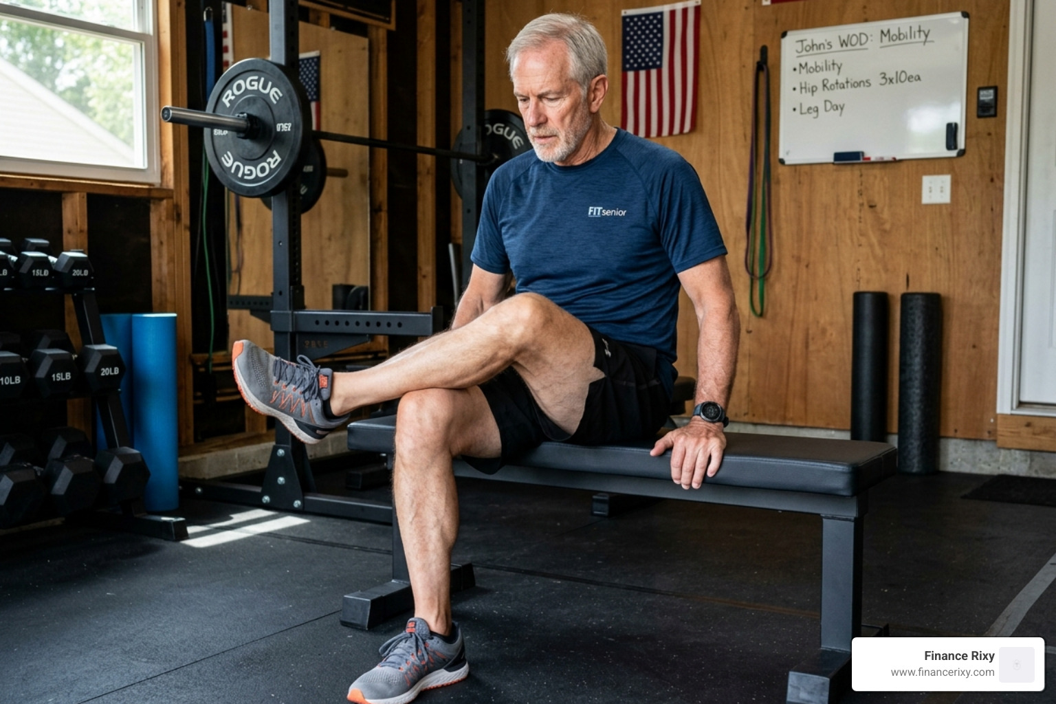 A senior adult performing seated hip rotations with a focused expression - mobility exercises for hips