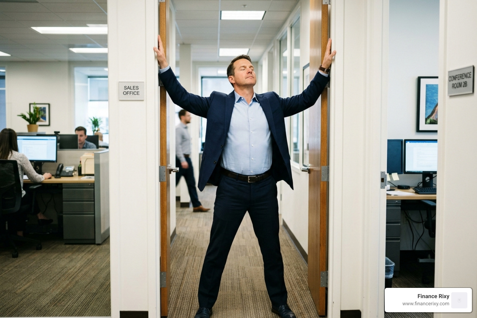 A professional performing a doorway chest stretch to open the thoracic cavity - anti hunchback office routine