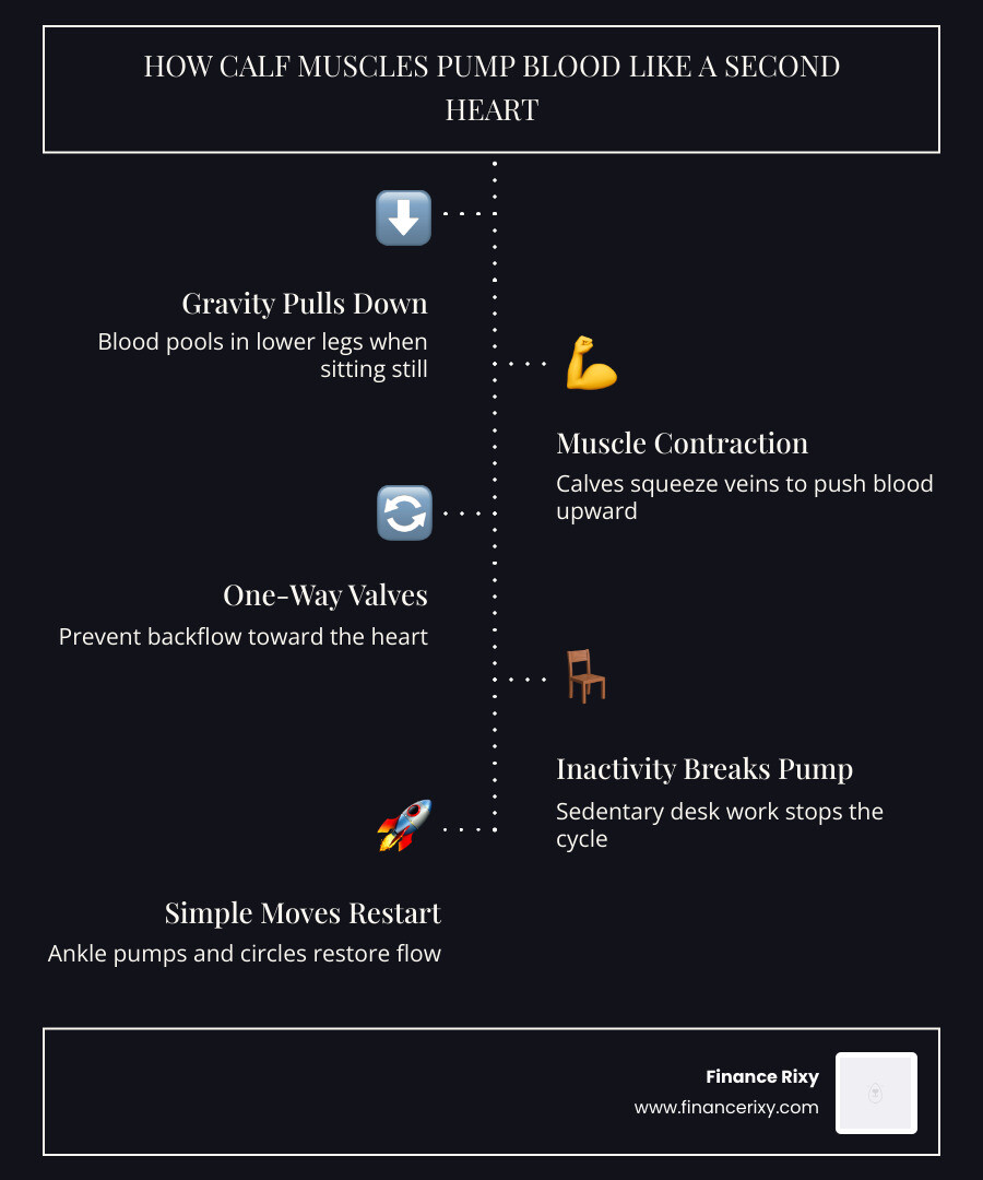 Infographic showing the calf muscle second heart pump mechanism and top desk moves for leg circulation - leg circulation