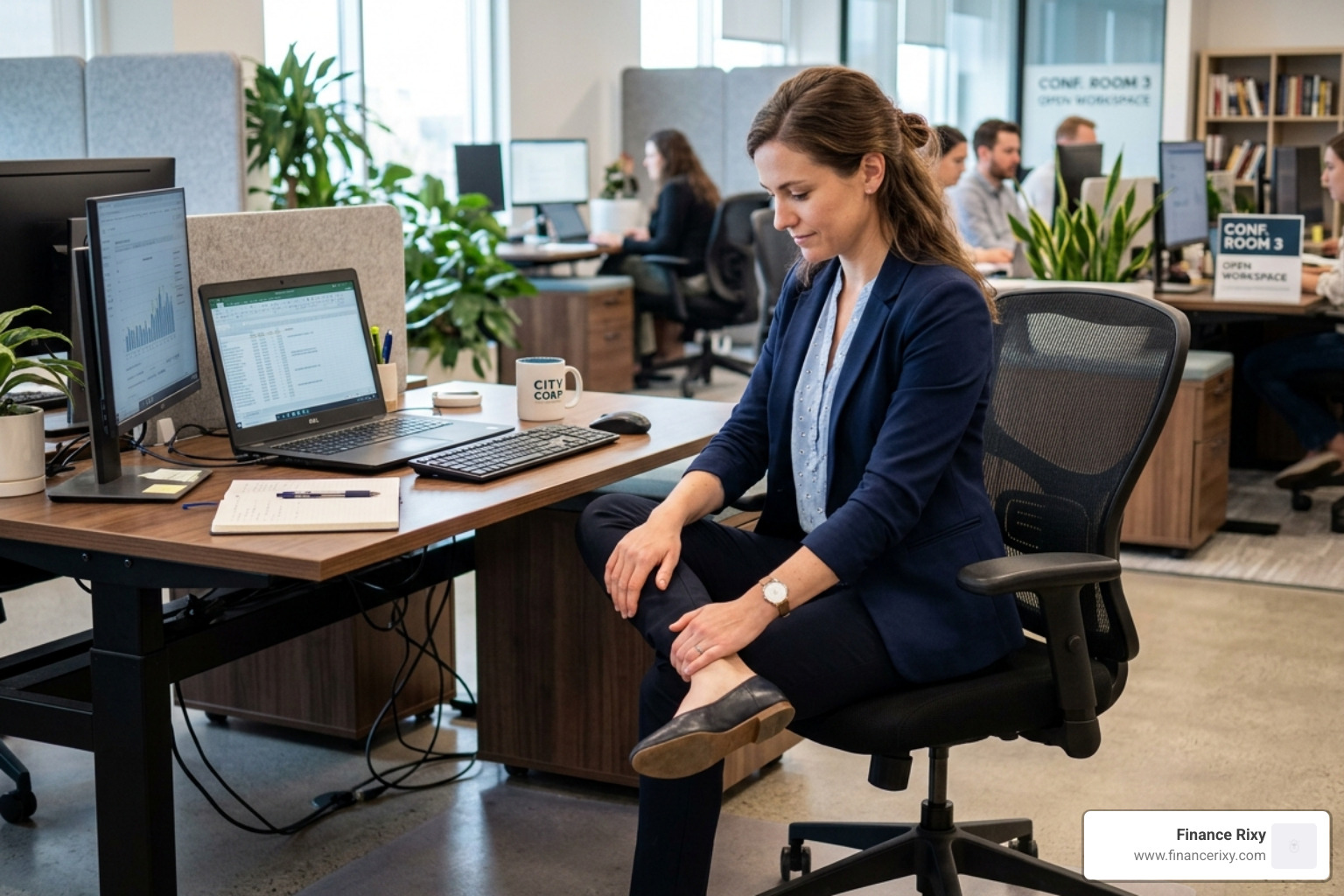 person performing a seated figure-four stretch at a desk - desk mobility routine