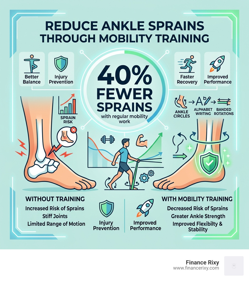 infographic showing 40 percent reduction in sprains through mobility training - ankle circles mobility drill infographic 