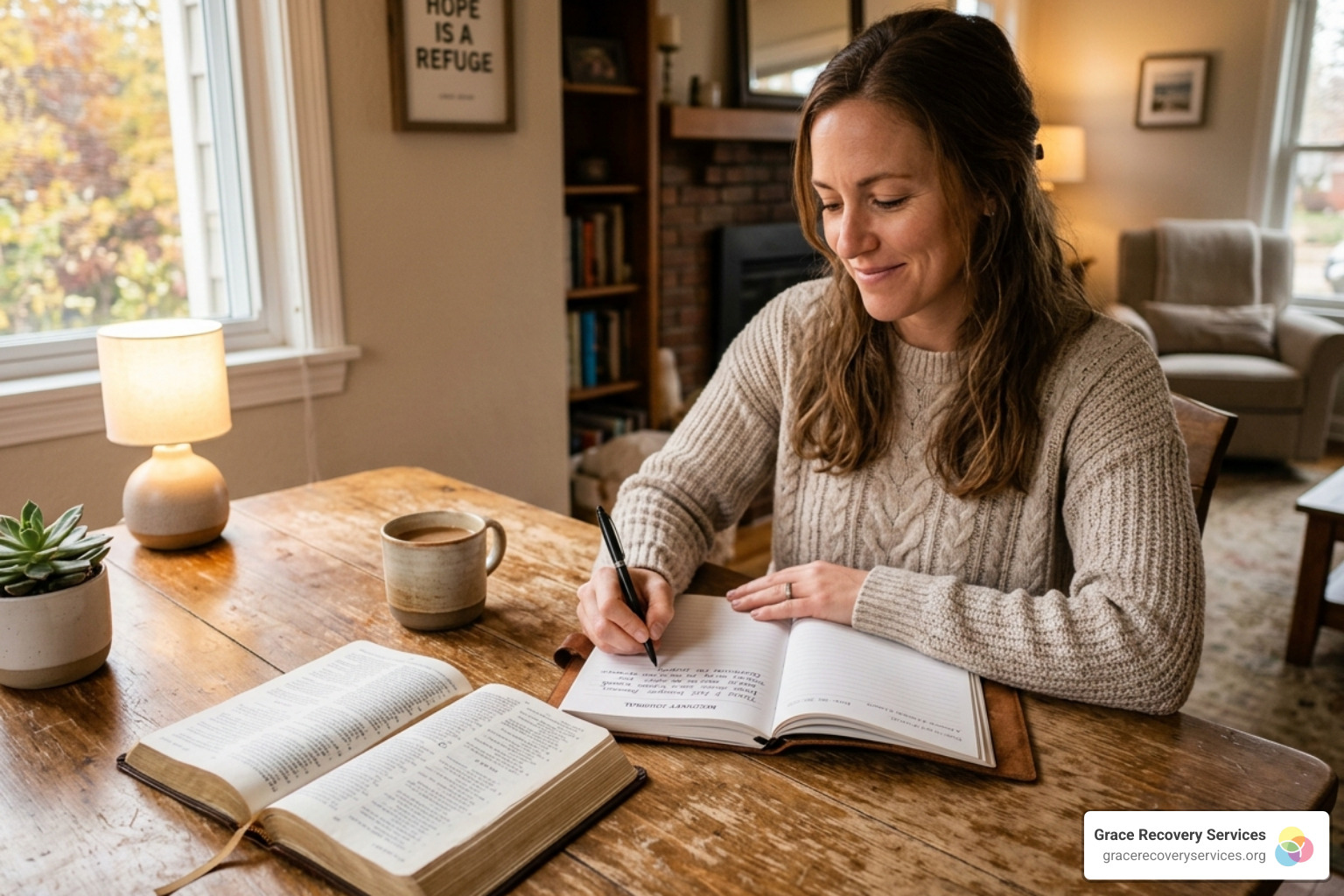 A person writing in a recovery journal with a Bible nearby - scriptures for addiction recovery A person writing in a recovery journal with a Bible nearby - scriptures for addiction recovery