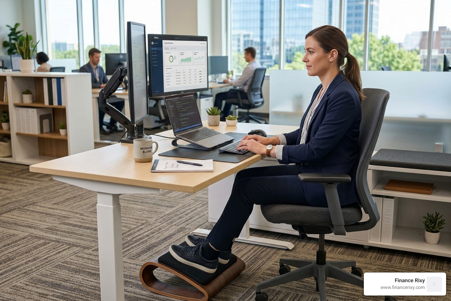 ergonomic footrest being used at a desk - leg circulation desk moves