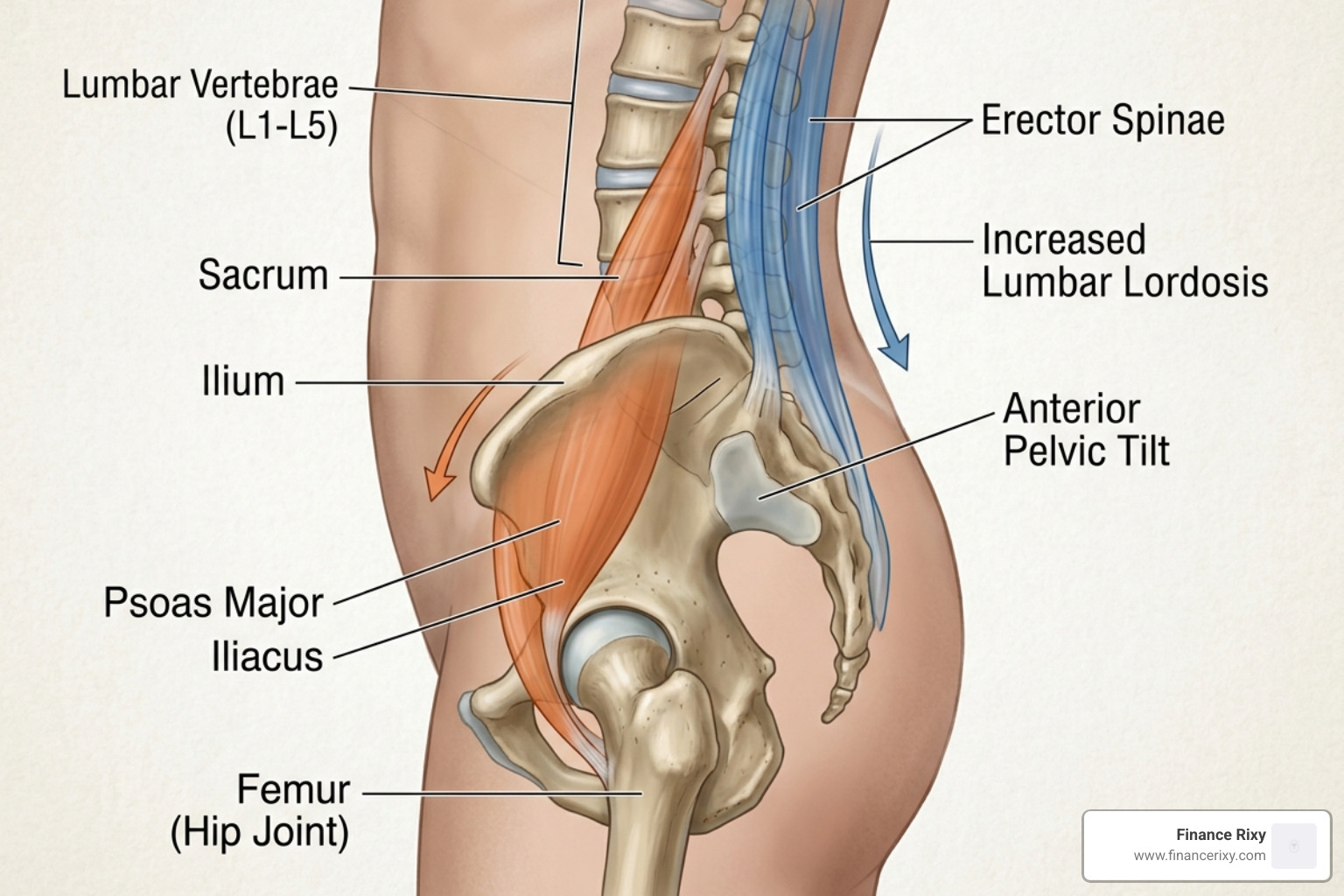 Anatomy of the hip flexors and lower back muscles involved in lordosis - lordosis correction stretches work