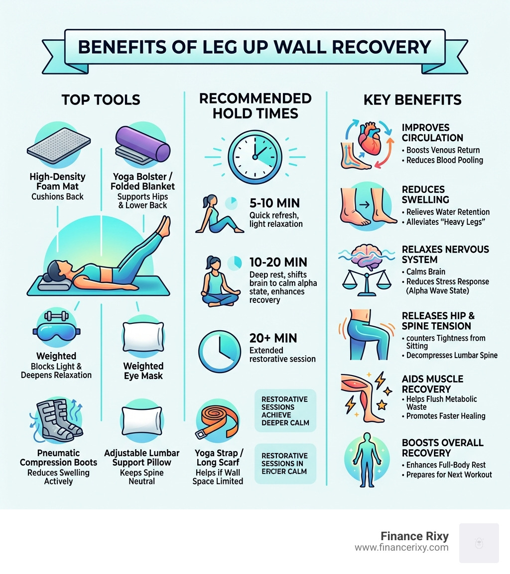 Benefits of leg up wall recovery infographic showing top tools, hold times, and key benefits - leg up wall recovery