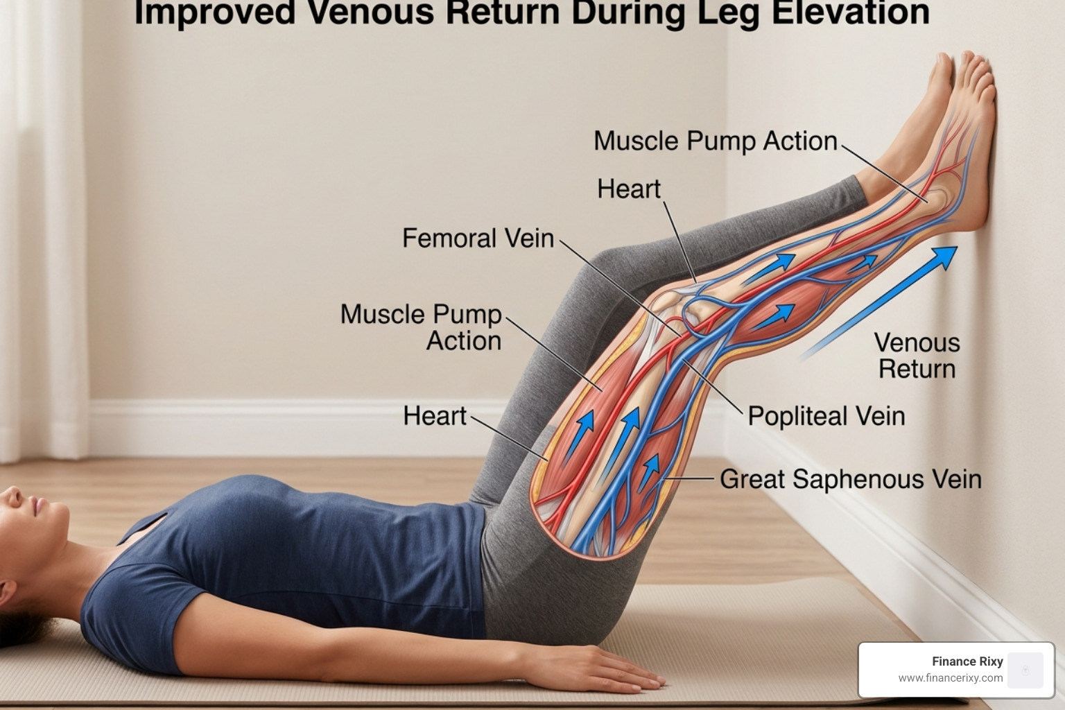 Illustration of blood flow circulation and venous return during leg elevation - leg up wall recovery