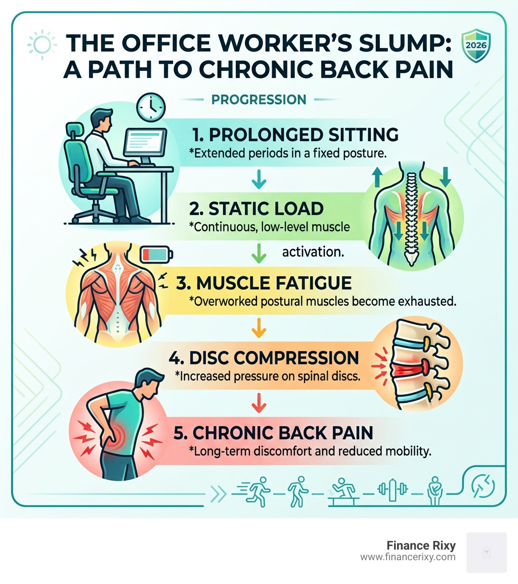 Infographic showing the Office Worker's Slump progression: prolonged sitting, static load, muscle fatigue, disc compression