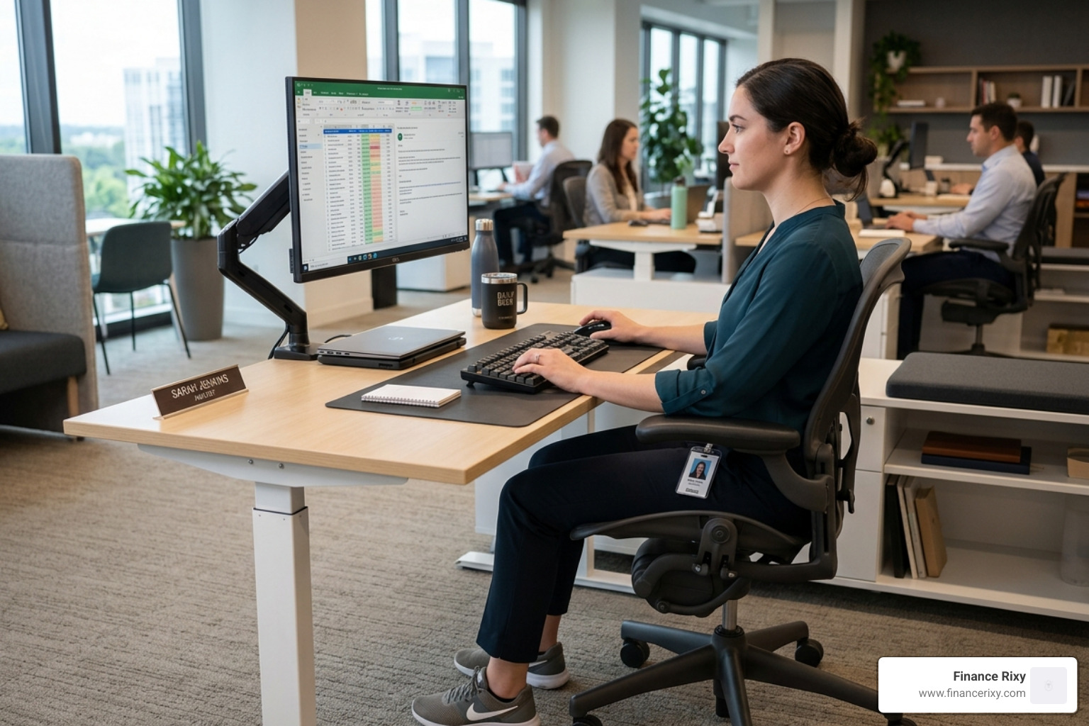 A perfectly adjusted ergonomic workstation showing monitor height, 90-degree elbow angle, and lumbar support - office worker