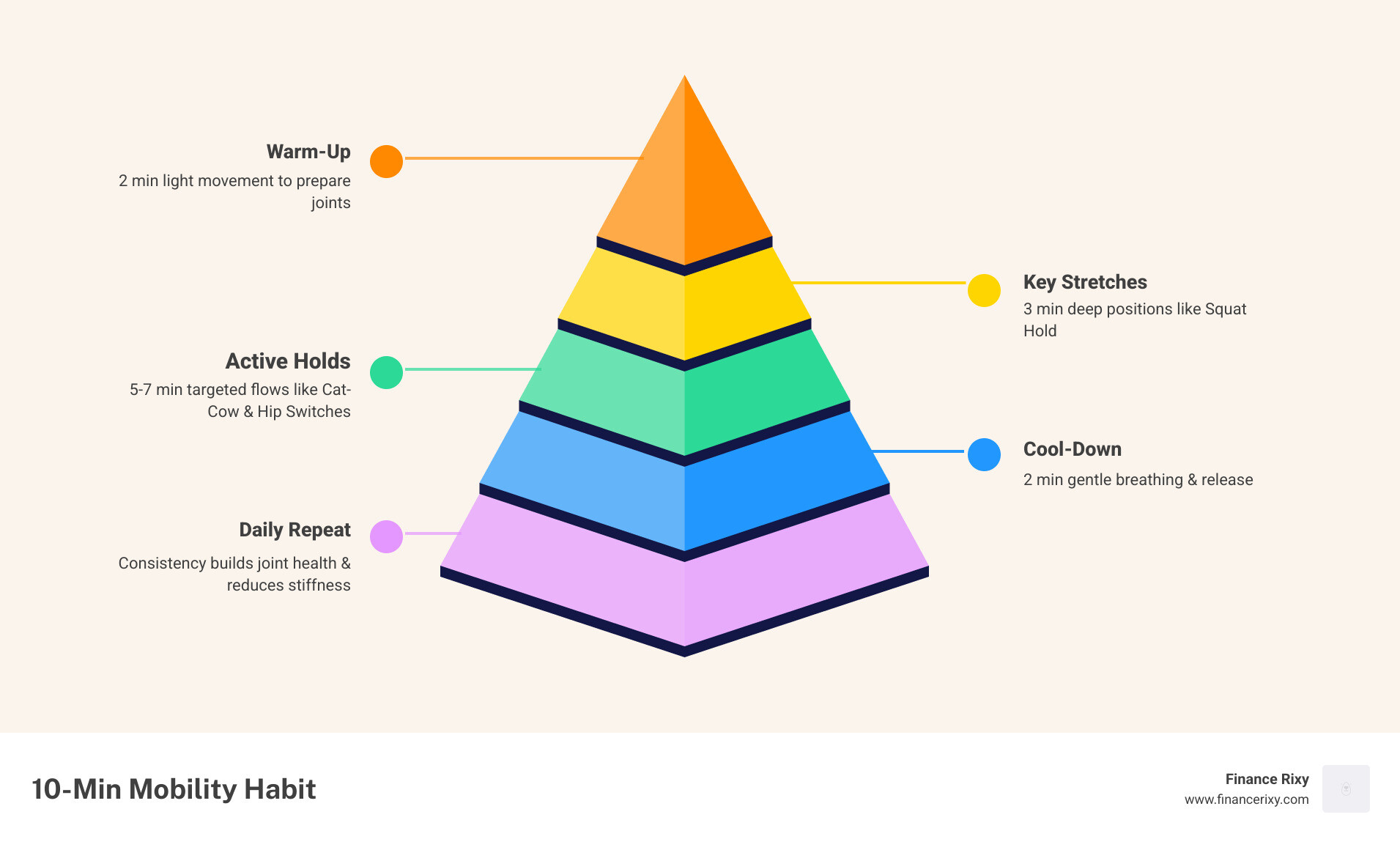 Infographic showing a 10-minute daily mobility habit: warm-up, key stretches, cool-down, benefits - daily mobility