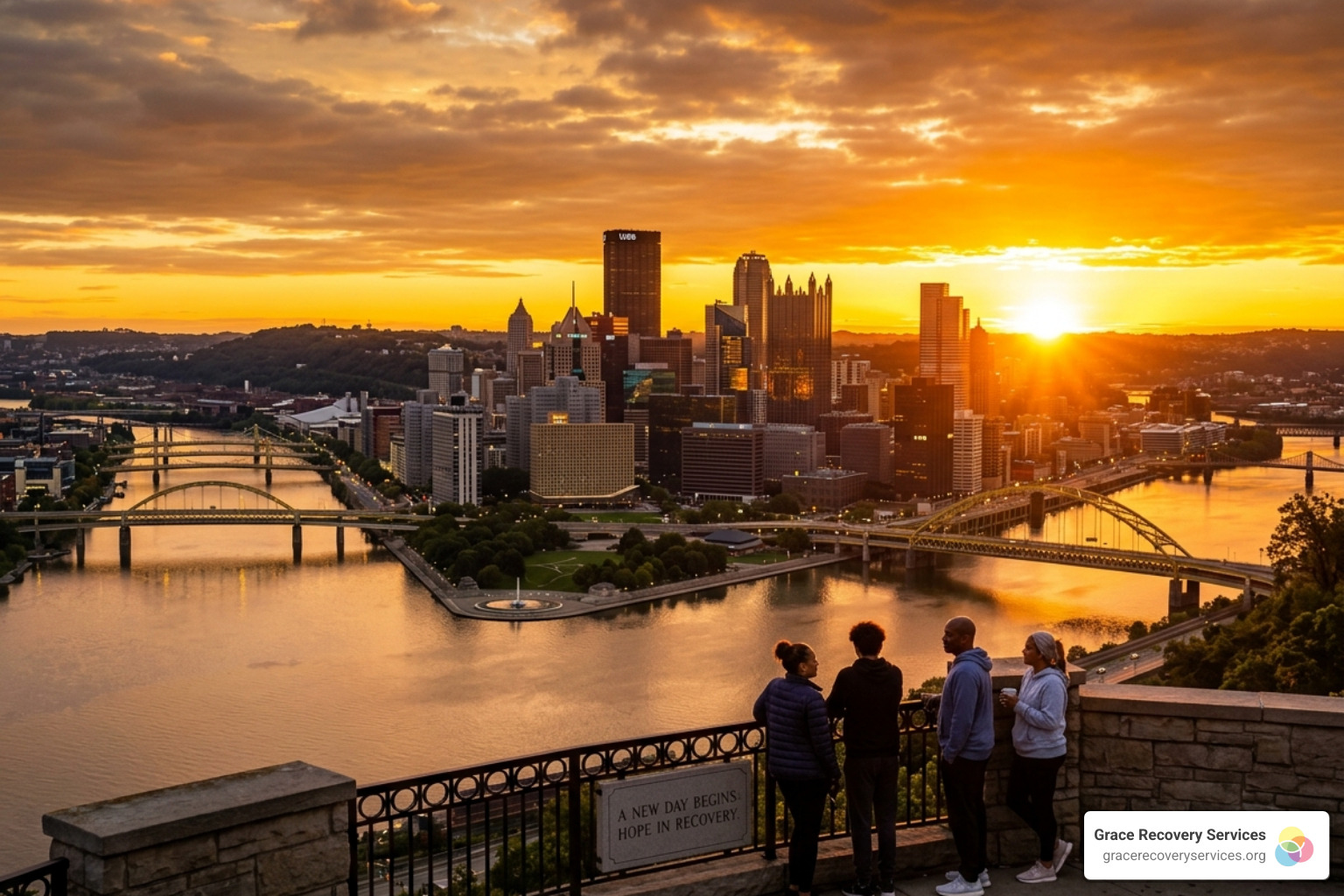 A sunrise over the Pittsburgh skyline representing a new start in recovery - scriptures to help with addiction