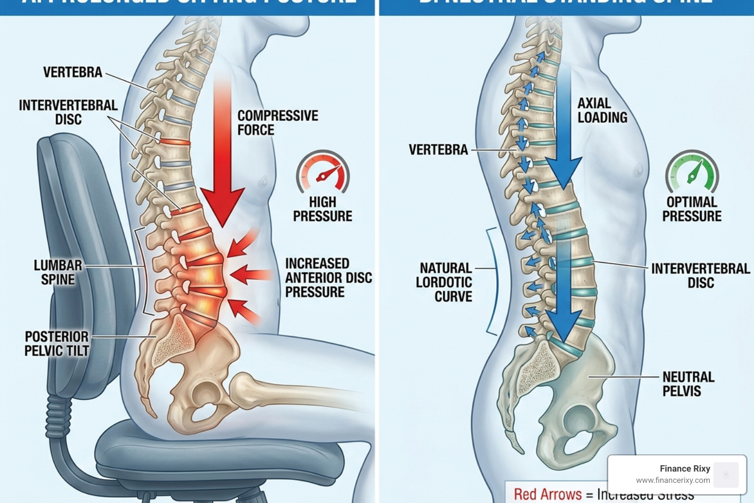 Diagram showing spinal compression during prolonged sitting compared to a neutral standing spine - office worker back pain