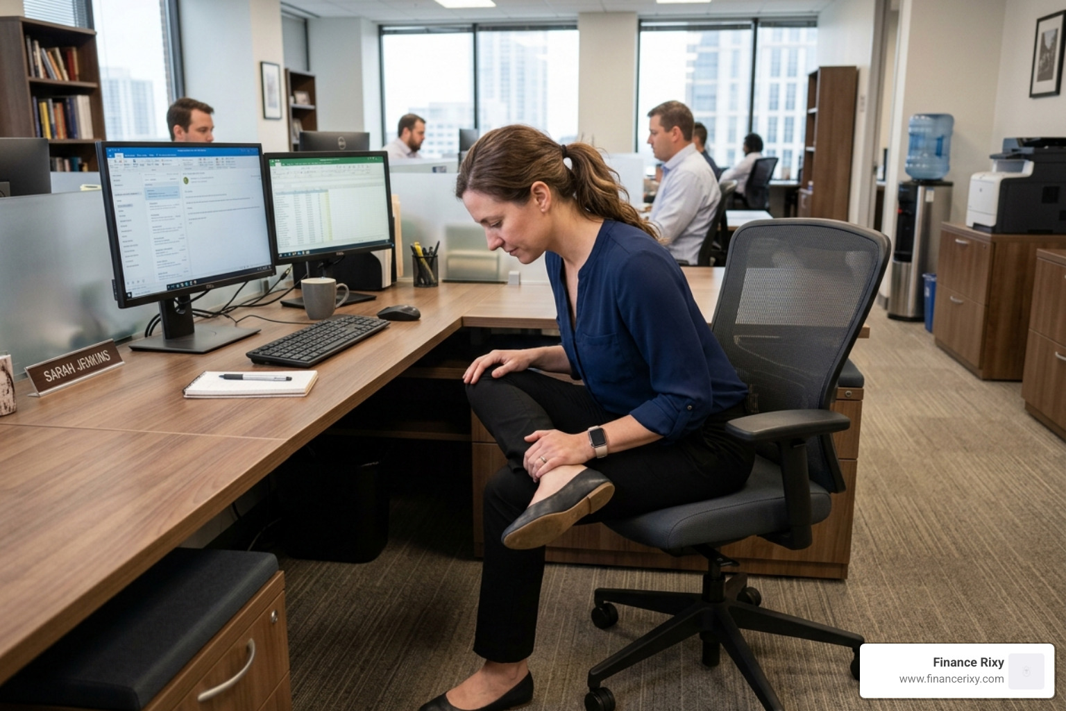 seated figure-four stretch being performed in an office chair - leg stretches at desk