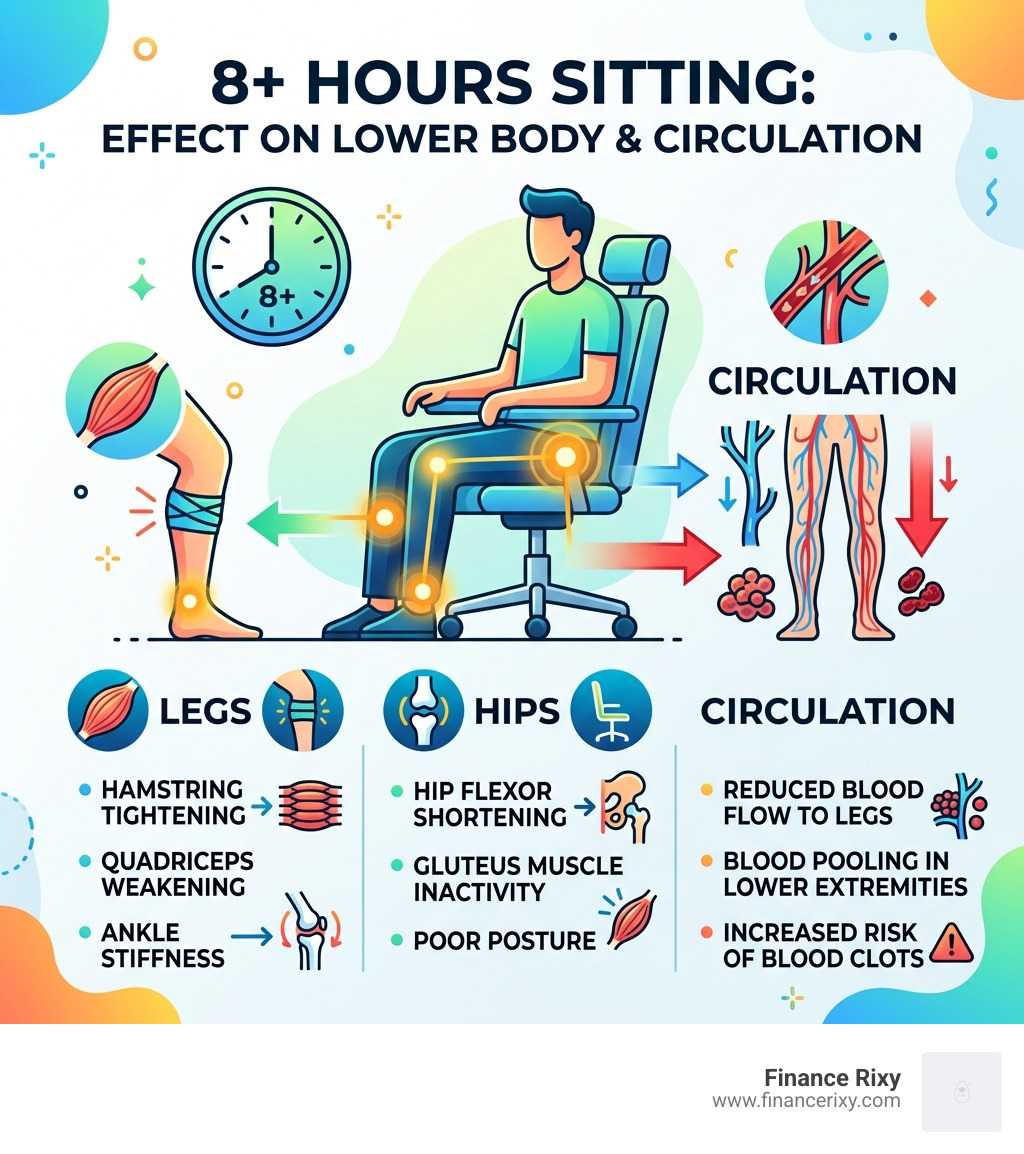 infographic showing physiological effects of 8+ hours of sitting on legs, hips, and circulation - leg stretches at desk