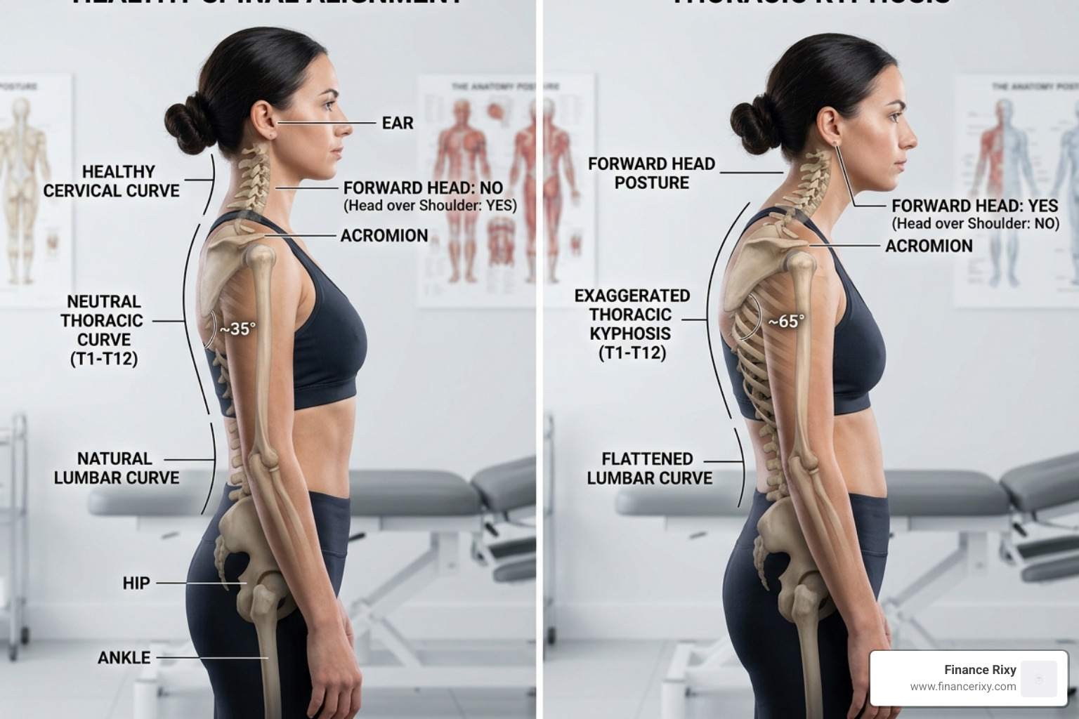 Comparison of healthy spinal alignment versus thoracic kyphosis and forward head posture - anti hunchback office routine