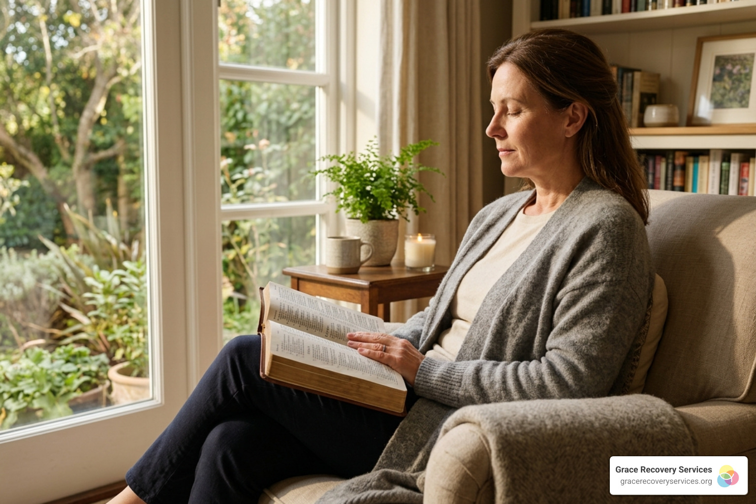 A person sitting peacefully with an open Bible in a sunlit room - scriptures for addiction recovery A person sitting peacefully with an open Bible in a sunlit room - scriptures for addiction recovery