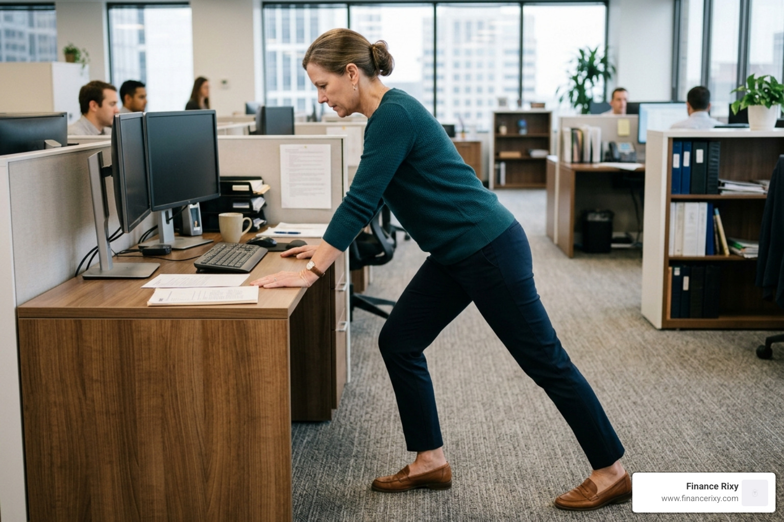 standing calf stretch using a wall or desk for support - leg stretches at desk