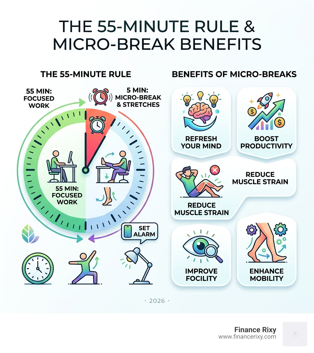 infographic showing the 55-minute rule and benefits of micro-breaks - leg stretches at desk infographic 