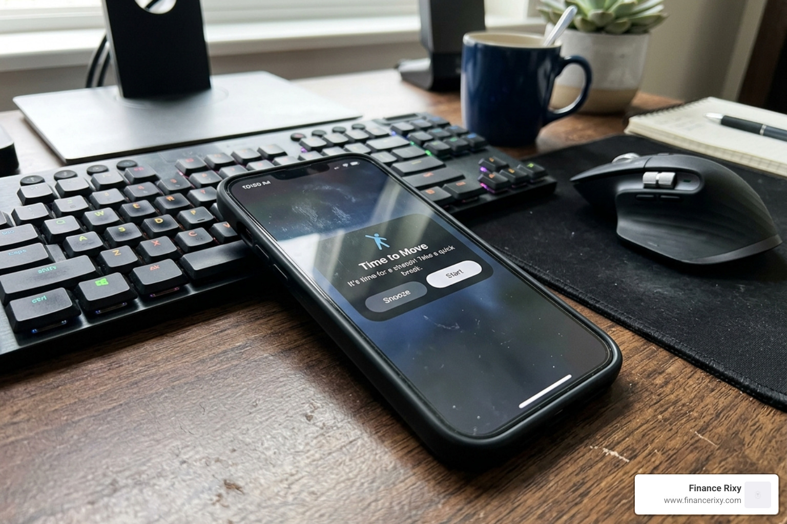 Smartphone on a desk with a "Time to Move" notification on the screen - stretches for sitting at a desk all day