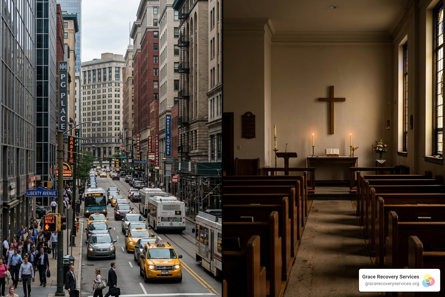 A busy city street in Pittsburgh contrasted with a quiet, peaceful prayer room - bible be sober minded A busy city street in Pittsburgh contrasted with a quiet, peaceful prayer room - bible be sober minded
