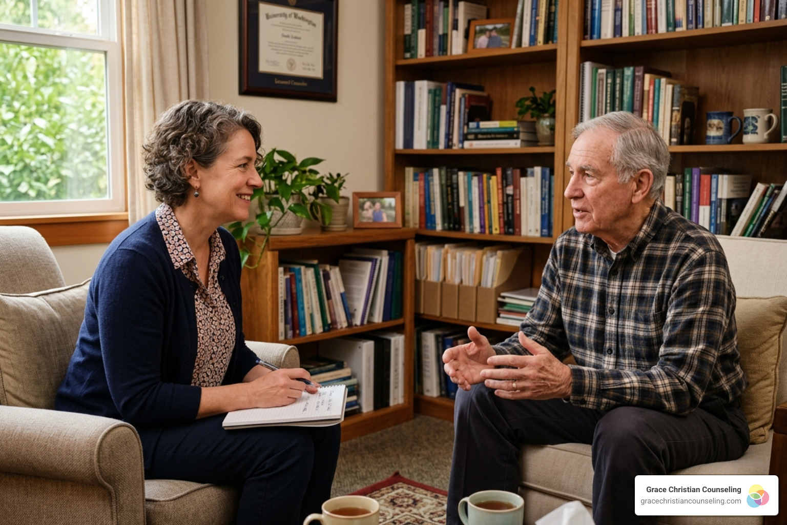 A compassionate counselor listening to an older man in a comfortable office setting - Biblical counseling for seniors