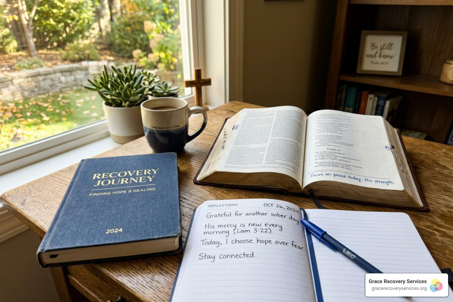 A recovery journal, a pen, and a Bible sitting on a desk near a window - bible verses about freedom from addiction A recovery journal, a pen, and a Bible sitting on a desk near a window - bible verses about freedom from addiction