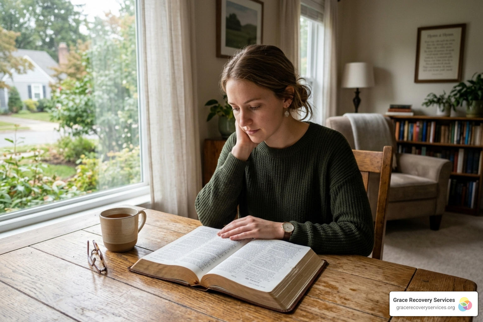 A person reading an open Bible on a wooden table in a quiet room - bible verses about freedom from addiction A person reading an open Bible on a wooden table in a quiet room - bible verses about freedom from addiction