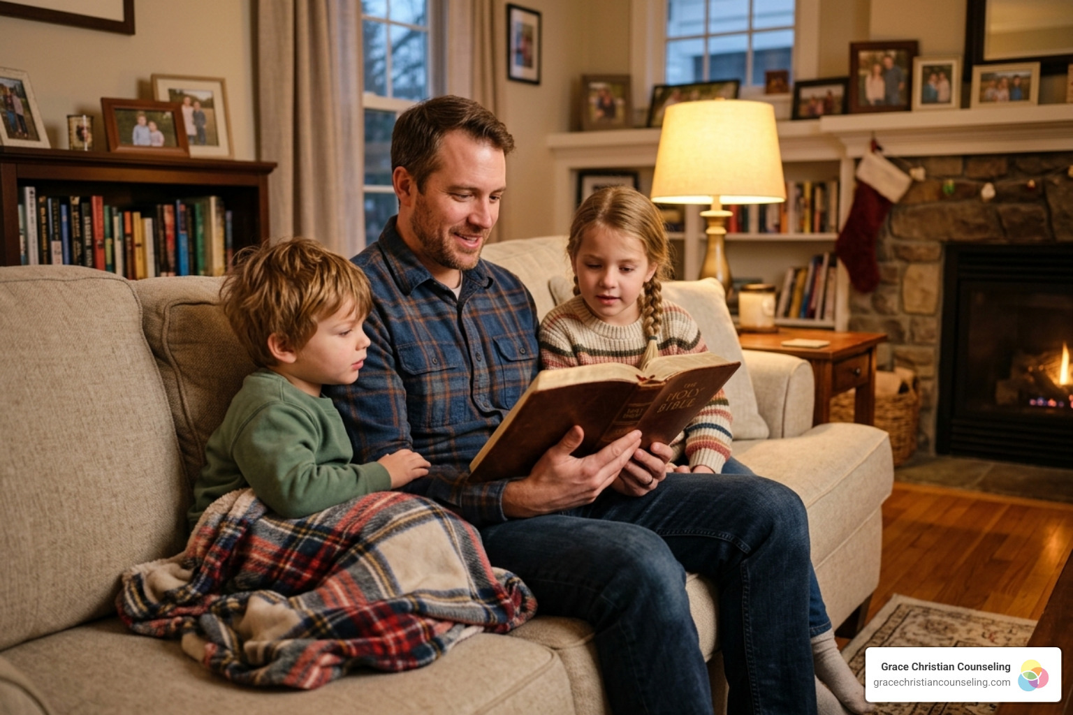 Father reading Scripture to his children - Biblical principles parenting advice