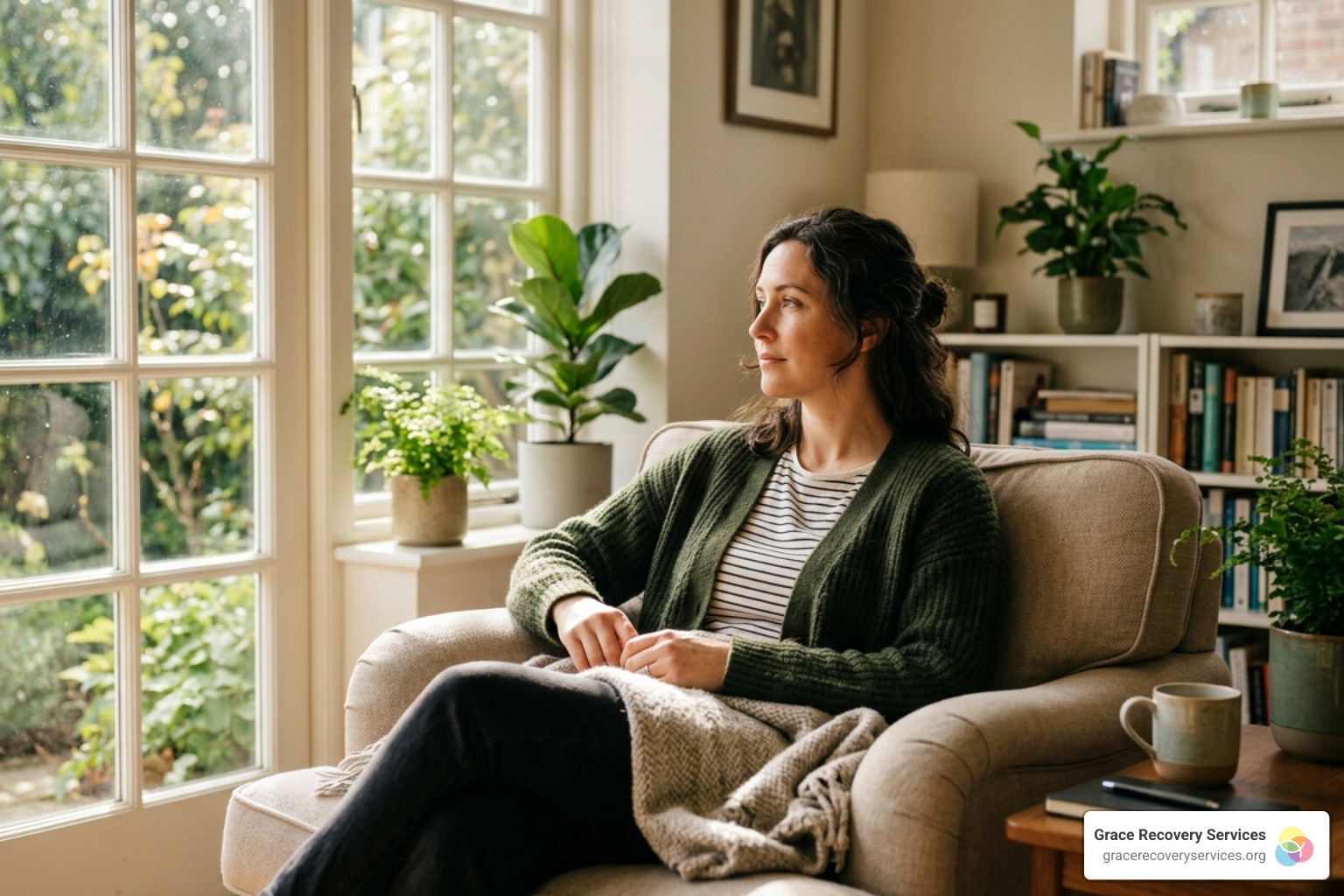 A person sitting peacefully in a sunlit room reflecting on their journey toward healing - 11 criteria for substance use