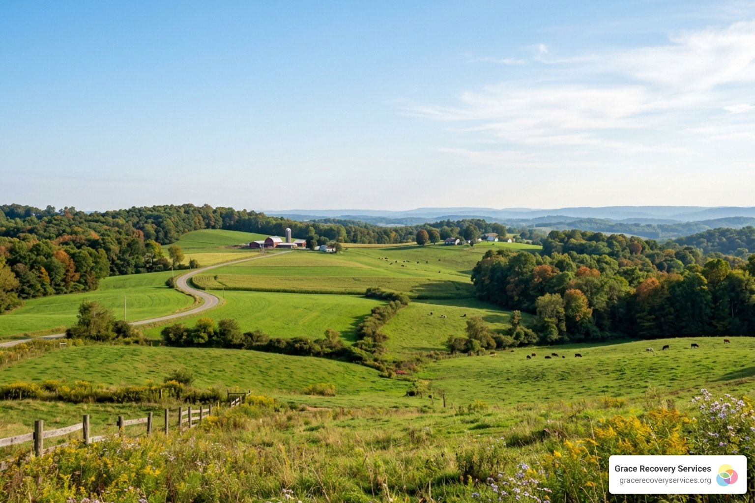 A peaceful, rolling landscape in North Huntingdon, PA, representing the serenity found in recovery - 11 criteria for