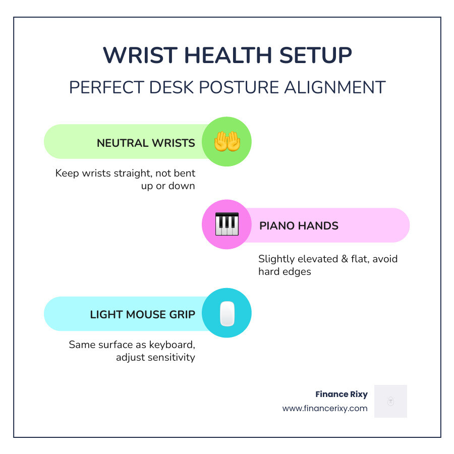 Infographic showing proper wrist alignment and keyboard distance from desk edge - desk posture alignment tips infographic