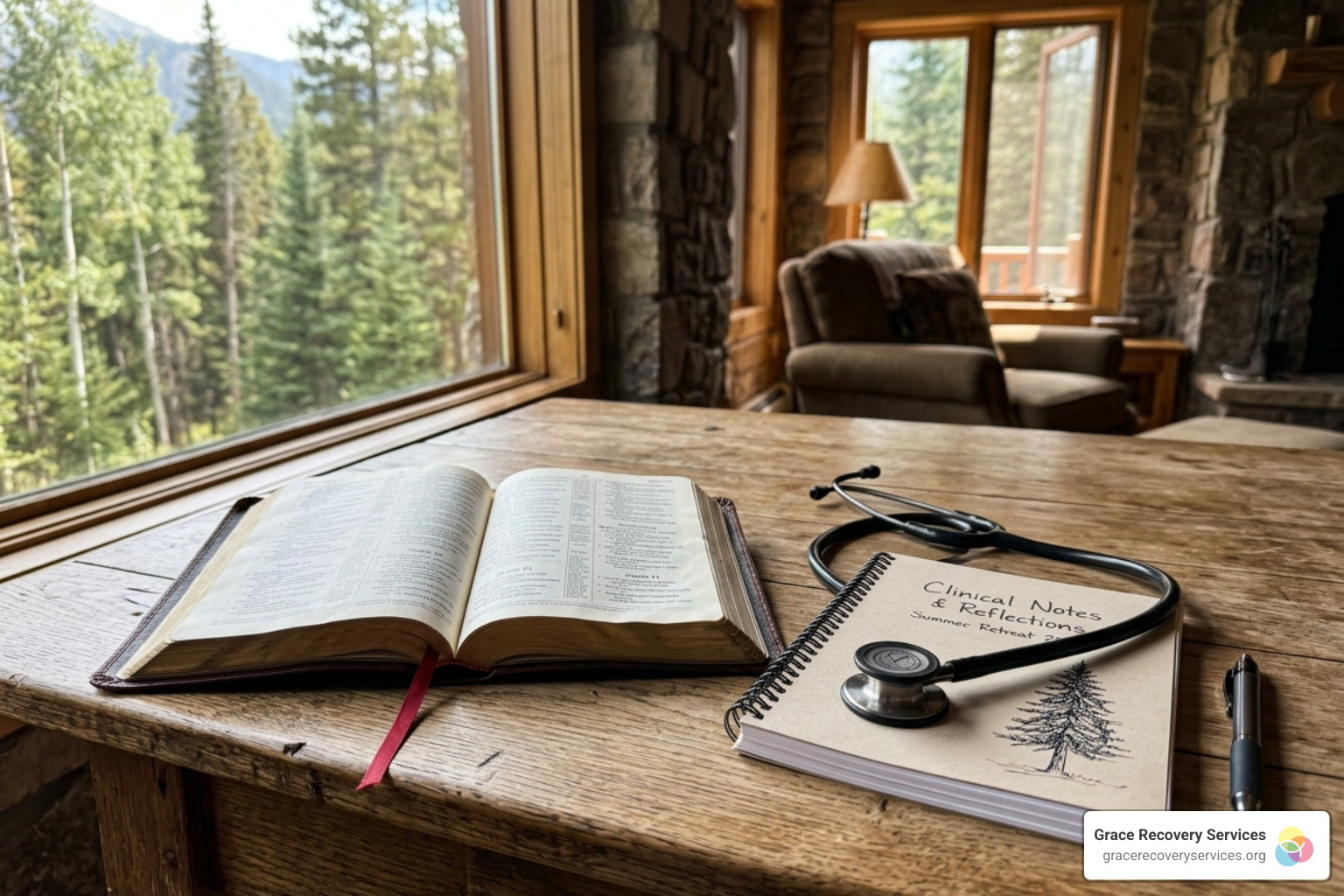 Open Bible next to a clinical notebook representing faith-integrated healing - Trauma recovery Christian retreat Open Bible next to a clinical notebook representing faith-integrated healing - Trauma recovery Christian retreat
