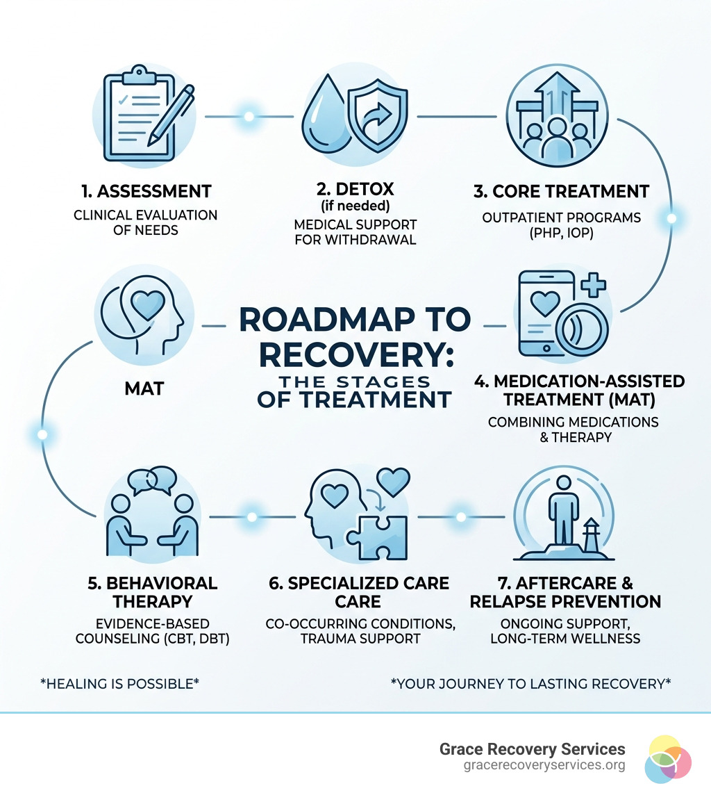 Stages of the recovery journey from assessment to aftercare: assessment, detox, treatment, MAT, therapy, specialized care