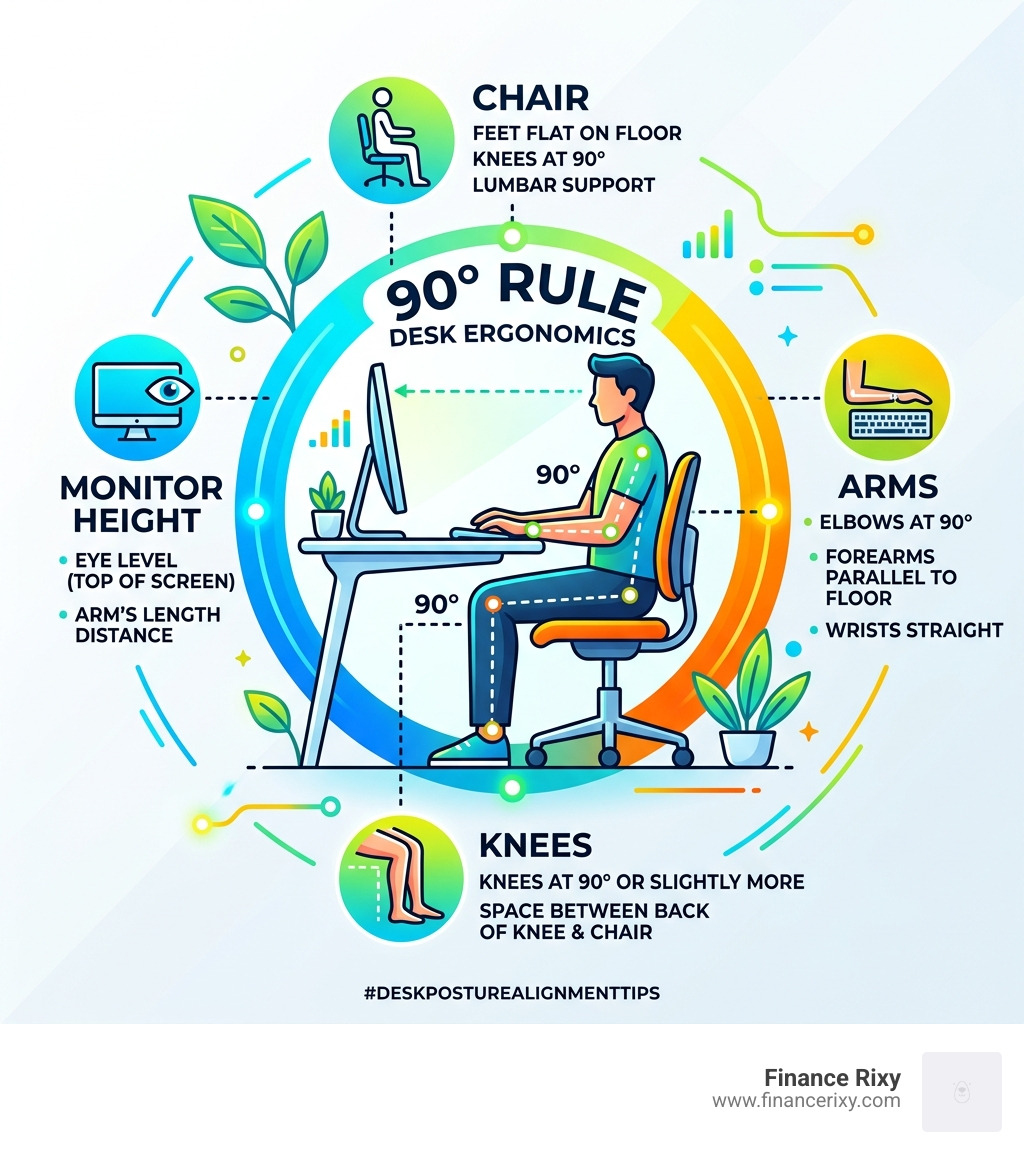 Infographic showing the 90-degree rule for desk ergonomics including chair, arms, knees, and monitor height - desk posture