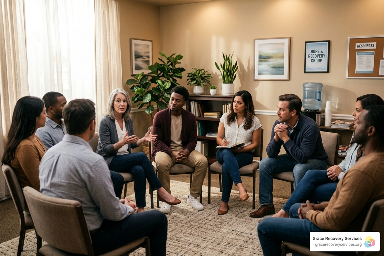 A group therapy circle where clients share their experiences in a safe environment - substance abuse treatment