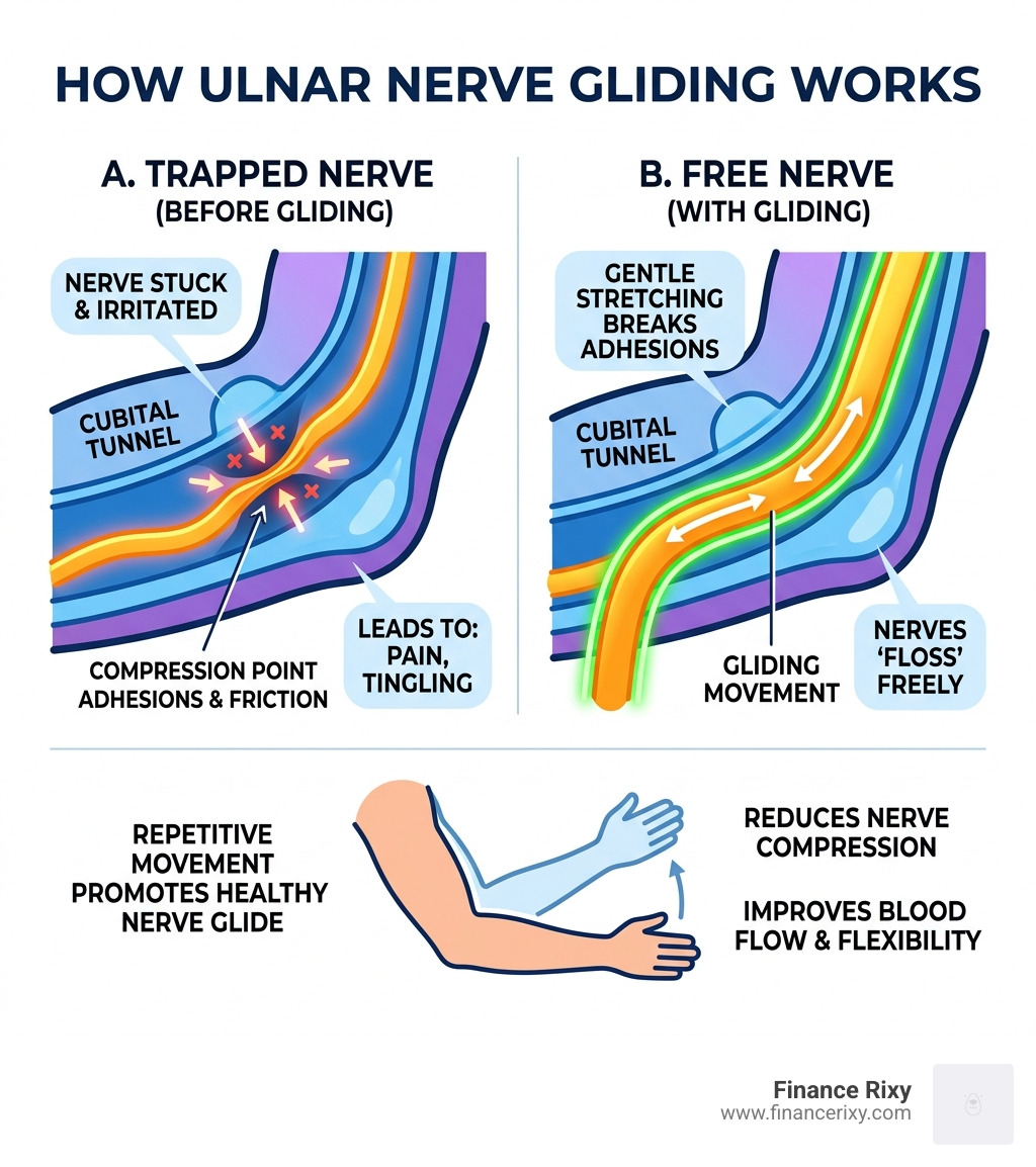 How ulnar nerve gliding works - mechanism showing nerve movement through cubital tunnel - ulnar nerve glide stretch