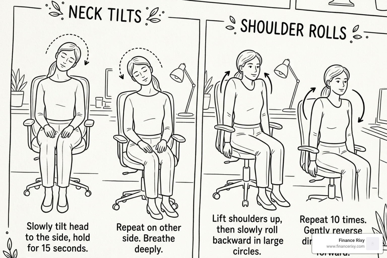 Illustration of a person performing desk stretches including neck tilts and shoulder rolls - desk posture alignment tips