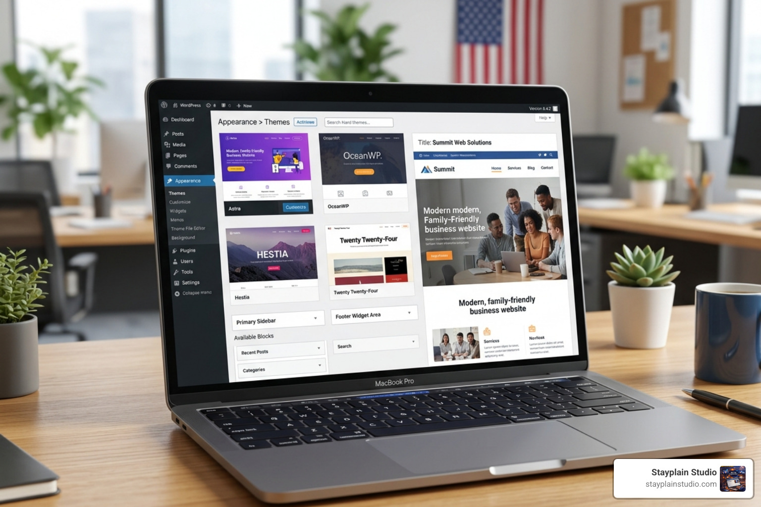 WordPress dashboard with various customization options - professional small business website design