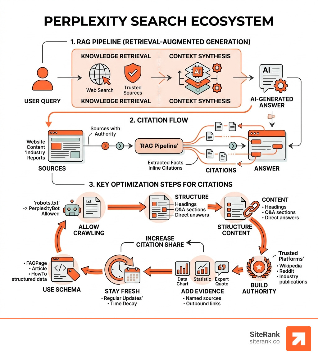 Perplexity search ecosystem infographic showing RAG pipeline, citation flow, and key optimization steps - Perplexity search Perplexity search ecosystem infographic showing RAG pipeline, citation flow, and key optimization steps - Perplexity search