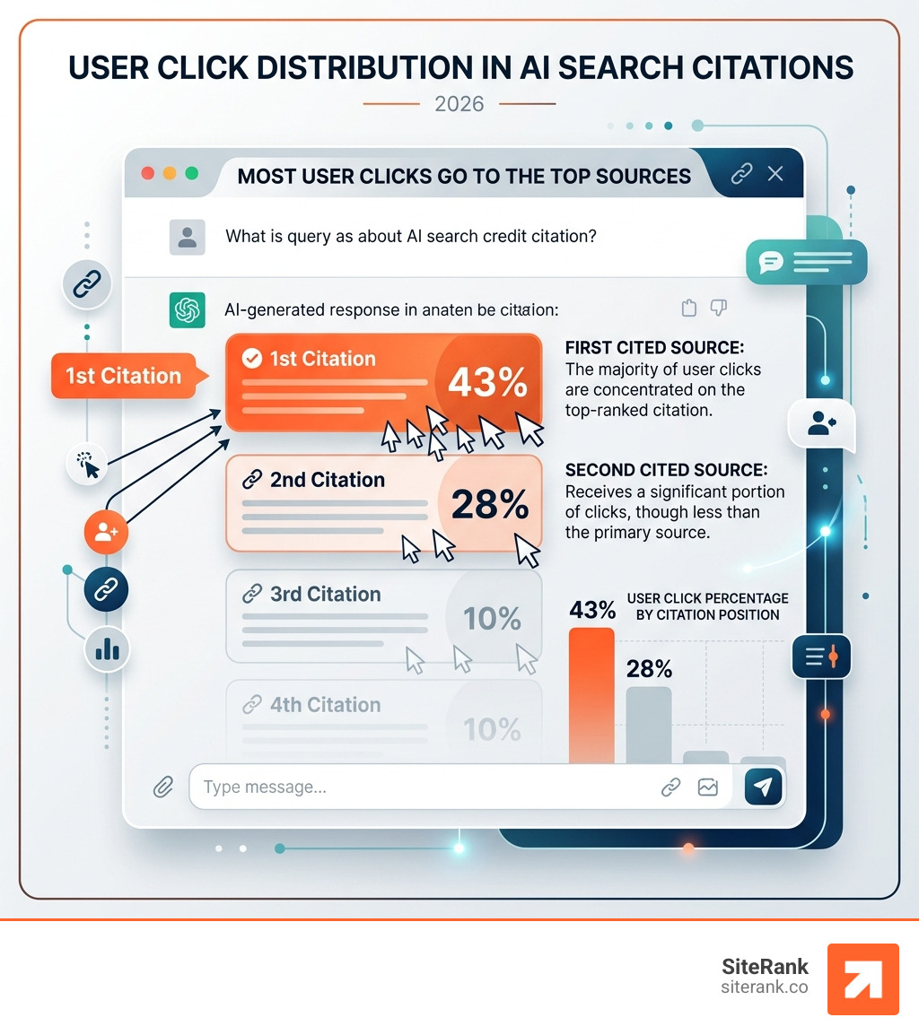Infographic showing user click distribution: 43% for 1st citation, 28% for 2nd - rank in AI search infographic Infographic showing user click distribution: 43% for 1st citation, 28% for 2nd - rank in AI search infographic