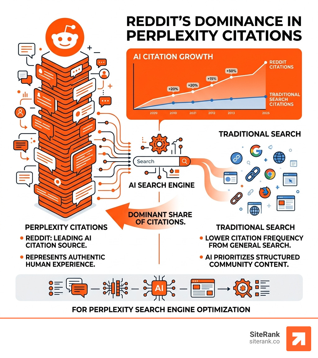 Stat showing Reddit's dominance in Perplexity citations compared to traditional search - Perplexity search engine Stat showing Reddit's dominance in Perplexity citations compared to traditional search - Perplexity search engine