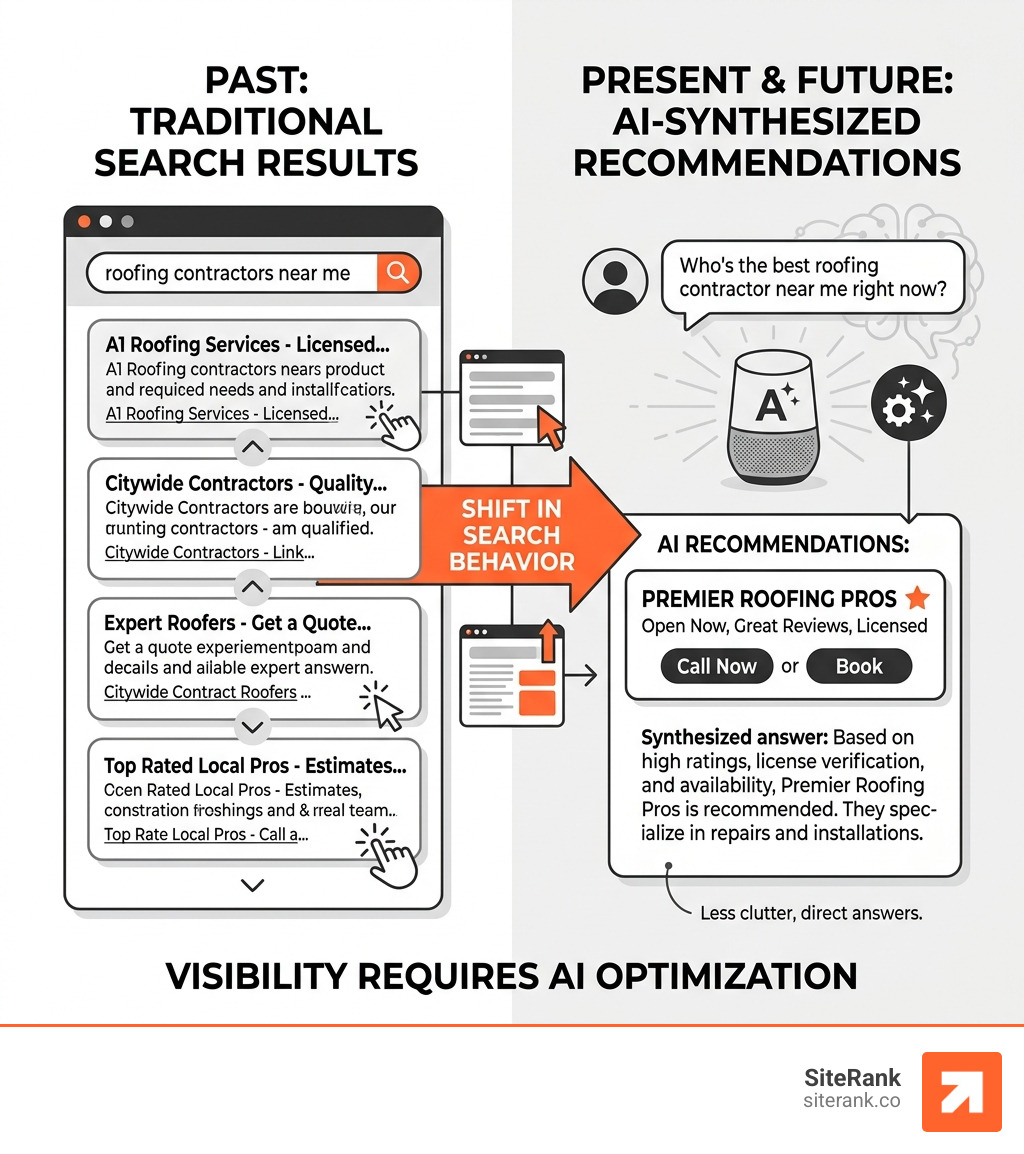 Infographic showing the shift from traditional Google search results to AI-synthesized contractor recommendations - AI Infographic showing the shift from traditional Google search results to AI-synthesized contractor recommendations - AI
